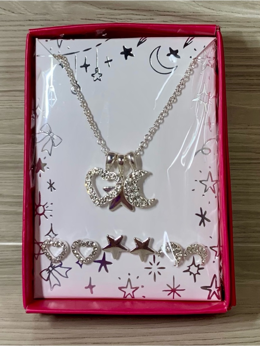 Avon Silver Heart & Moon Pendant Necklace and Earring Set
